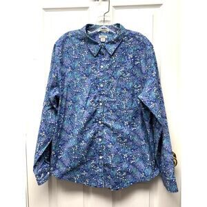 L. L. Bean Womens Blouse Button Up Blue Floral Wrinkle Free Cotton Size XL